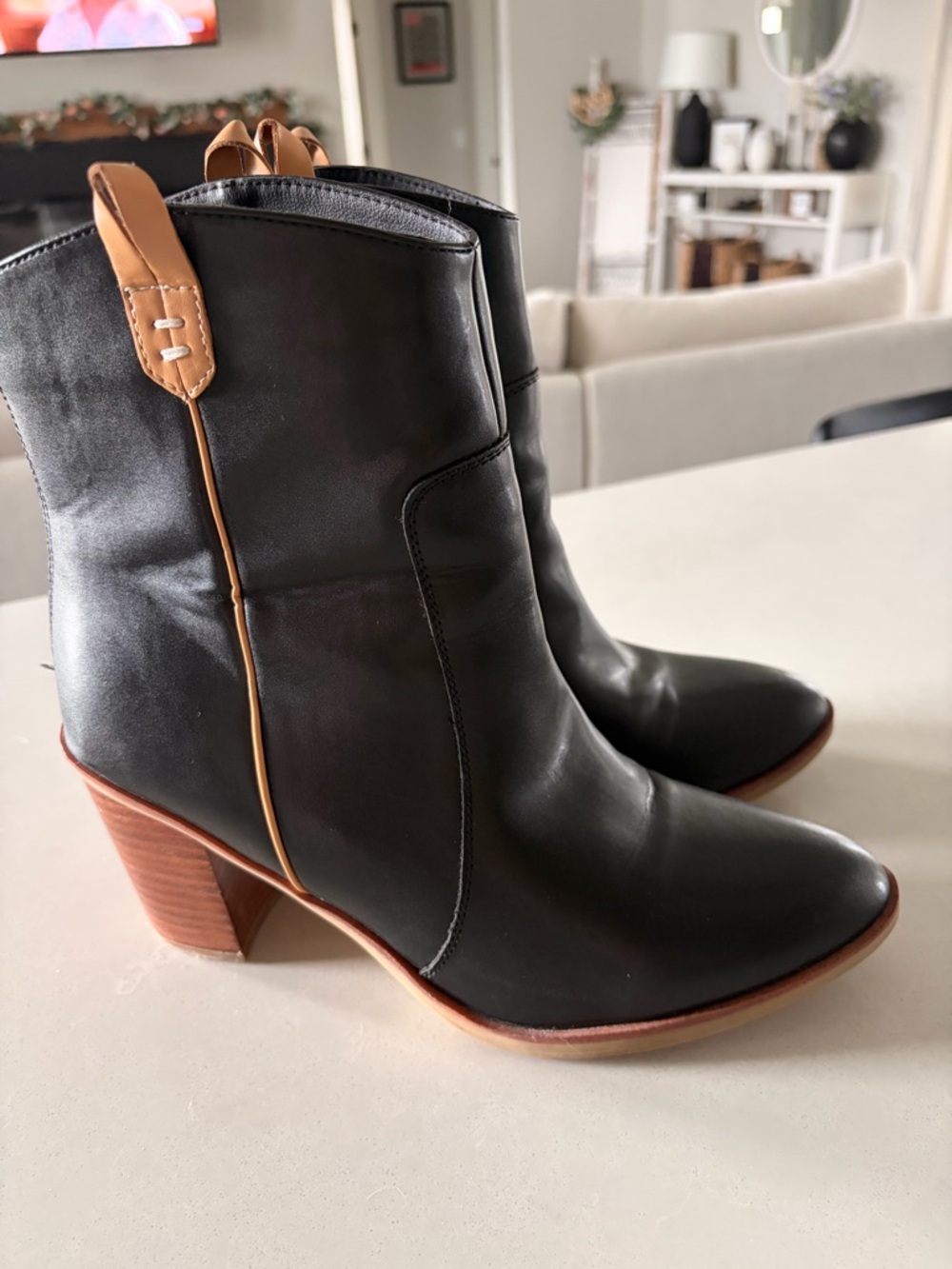 MIA Black Leather Ankle Boots with Tan Accents